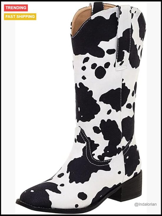 Shoes - Synthetic Cow Print Mid Calf Cowboy Boots Chunky Heel Plus Size